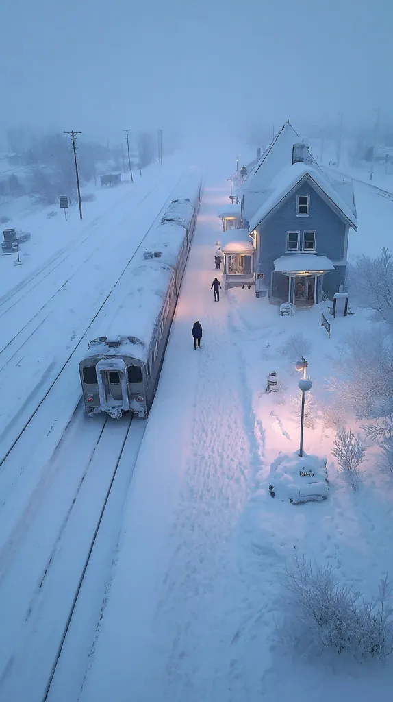 A snow-covered train stops at a quaint, snow-dusted train station.  A small, light blue house stands beside the platform, illuminated by soft, warm lights.  A few figures walk along the snow-covered path, creating faint footprints.  The scene is serene and peaceful, bathed in the soft light of a snowy twilight. The overall ambiance is quiet and wintery.
