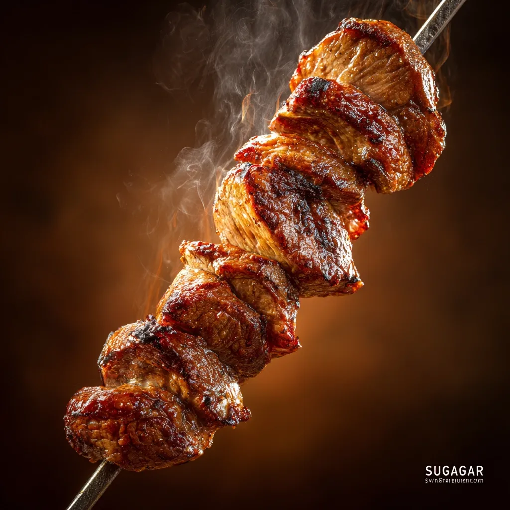 A sizzling skewer of succulent, char-grilled meat, steaming and glistening, is captured in close-up.  The rich brown color and visible grill marks highlight the deliciousness of the perfectly cooked chunks of meat.  The background is blurred, drawing focus to the savory kebab, a tempting visual of grilled perfection.