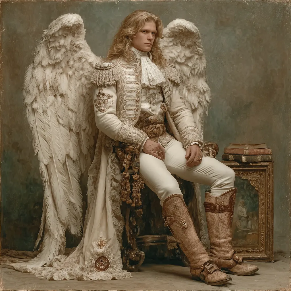 A young man with long blonde hair is depicted in a painting, seated on a chair. He wears an ornate, cream-colored,  long coat with gold embroidery, white breeches, and tall, intricately designed brown boots.  Large, feathery white wings extend from his back.  A stack of books rests on a small ornate table beside him. The overall style is reminiscent of an old master portrait, with a muted color palette and painterly texture.