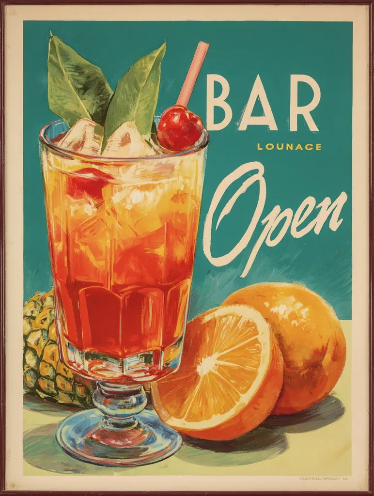 A vintage bar lounge advertisement features a vibrant illustration of a tropical cocktail. The glass holds a layered, orange-hued drink garnished with a cherry and leaves.  Sliced oranges and a pineapple sit beside the drink.  The teal background proclaims "BAR LOUNGE Open" in stylized lettering. The overall aesthetic is mid-century modern, evoking a sense of relaxed, tropical indulgence.