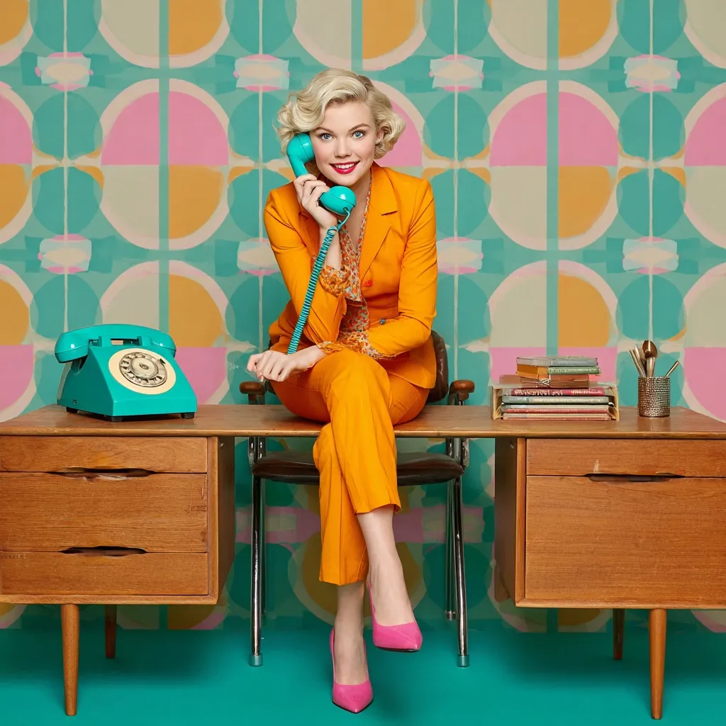 A stylish blonde woman in a vibrant orange pantsuit sits at a mid-century modern desk, holding a teal rotary phone.  She's posed against a retro wallpaper featuring a geometric pattern of circles in teal, pink, and orange.  The overall aesthetic is a playful nod to 1960s fashion and design. Pink heels complete her look. A teal phone sits on the desk next to a stack of books.