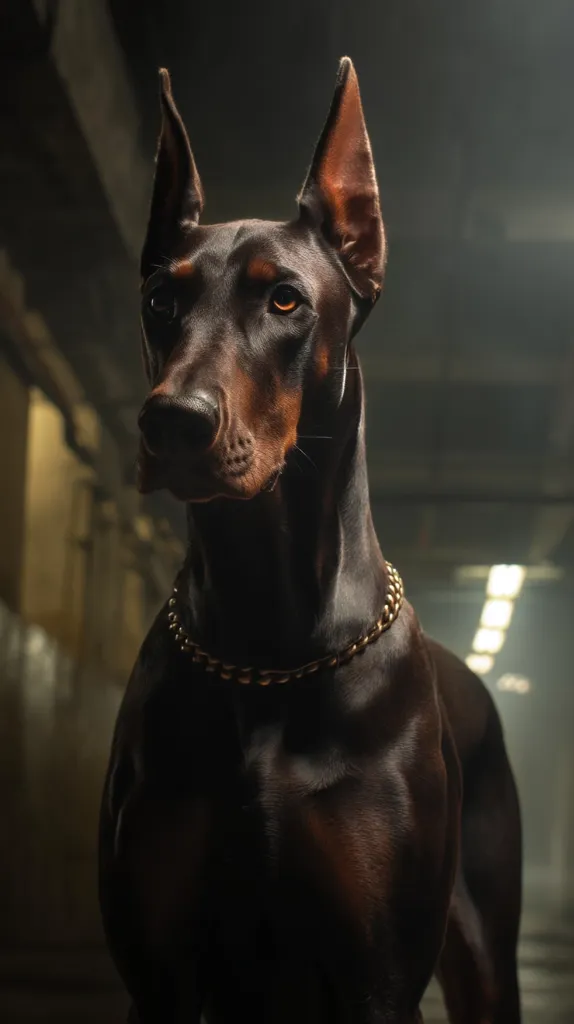A majestic Doberman Pinscher stands in a dimly lit industrial setting.  Its sleek, black coat glistens, highlighting its muscular physique.  The dog's intense gaze and erect ears convey a sense of alertness and power.  A gold chain collar adds a touch of elegance to its imposing presence. The background is blurred, drawing focus to the dog's commanding figure.