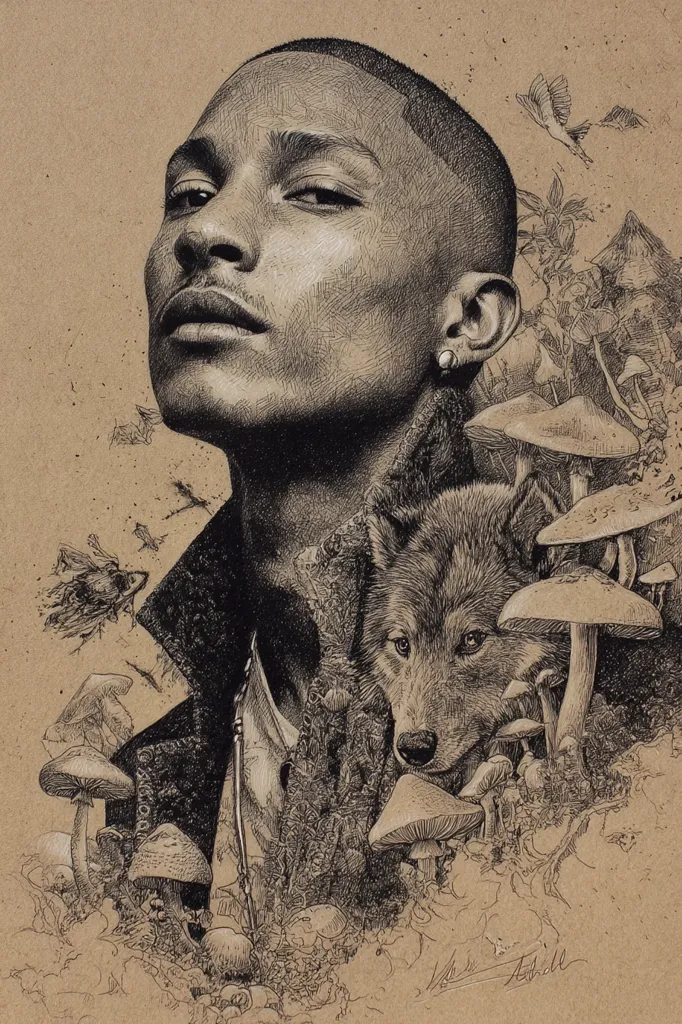 A detailed pen and ink drawing depicts a young man's portrait, his face angled upwards, surrounded by a mystical forest scene. A wolf peers from behind him, nestled amongst a cluster of mushrooms and flying birds.  The style is highly realistic, with meticulous shading and intricate detailing throughout the composition, creating a powerful and evocative image.  The overall mood is serene yet slightly mysterious.