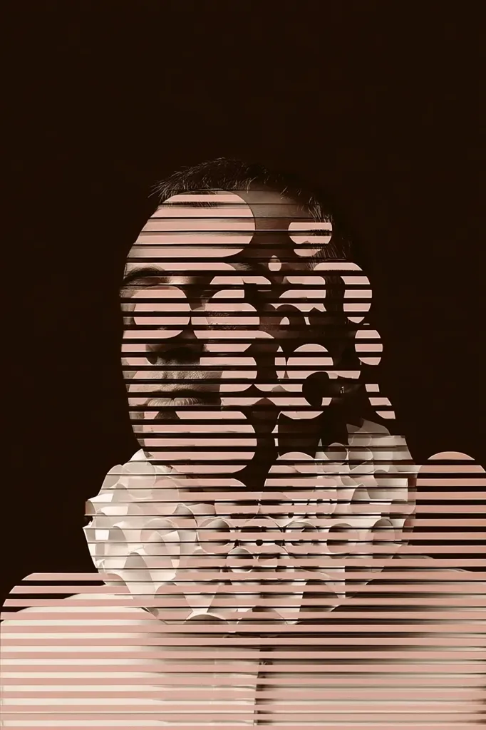 A sepia-toned portrait features a person's face partially obscured by horizontal lines and overlapping circles. The subject wears a large, ruffled collar. The image is a blend of realism and abstraction, creating a sense of mystery and depth. The dark background emphasizes the subject and the graphic elements overlaying the face. The overall effect is stylish and somewhat surreal.