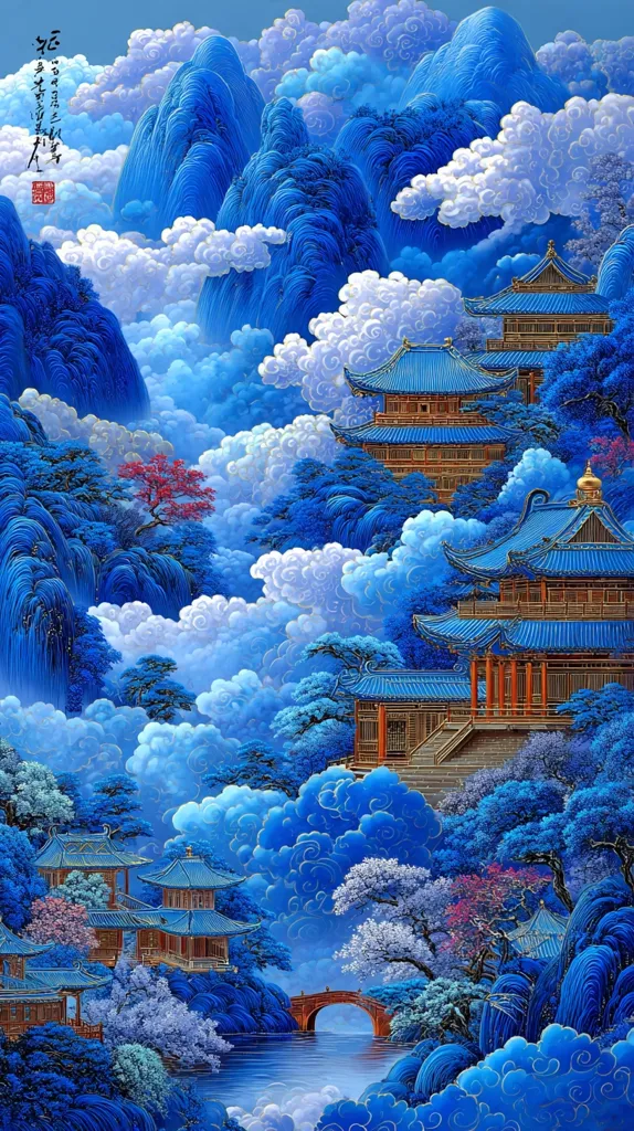 A breathtaking digital painting depicts a serene landscape of blue mountains, fluffy white clouds, and traditional Chinese architecture.  Blue-roofed temples and pagodas nestle amongst the hills, connected by a small arched bridge over a tranquil waterway.  The vibrant blue palette creates a mystical and dreamlike atmosphere.  Trees and blossoms add splashes of color to the scene.  Calligraphy in the upper left corner adds an authentic touch.