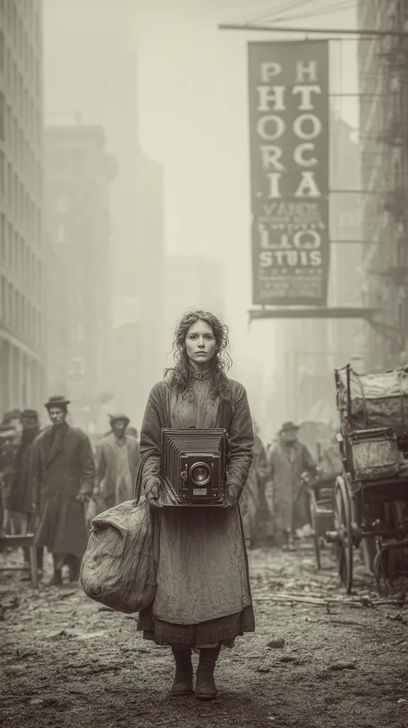 A young woman, dressed in period clothing, stands confidently in a sepia-toned street scene.  She carries a large view camera and a burlap bag, suggesting a photographer working amidst the rubble and chaos of a city street. The background is blurred, showing other figures and horse-drawn carriages, creating a sense of historical context, possibly depicting a moment of hardship or aftermath. A sign for a photography studio is visible.