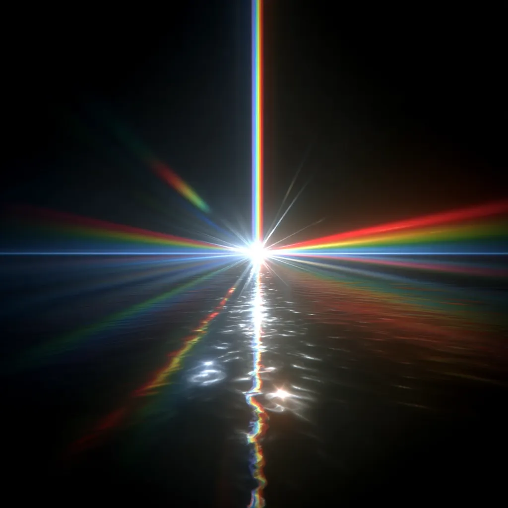 A vibrant, multicolored beam of light, resembling a rainbow, shoots down from the heavens, striking a dark, still body of water. The light reflects symmetrically on the water's surface, creating a dazzling, mirrored effect.  The scene is dramatic and ethereal, suggestive of a powerful, otherworldly event. The dark background enhances the brilliance of the light, making it the focal point of the image.