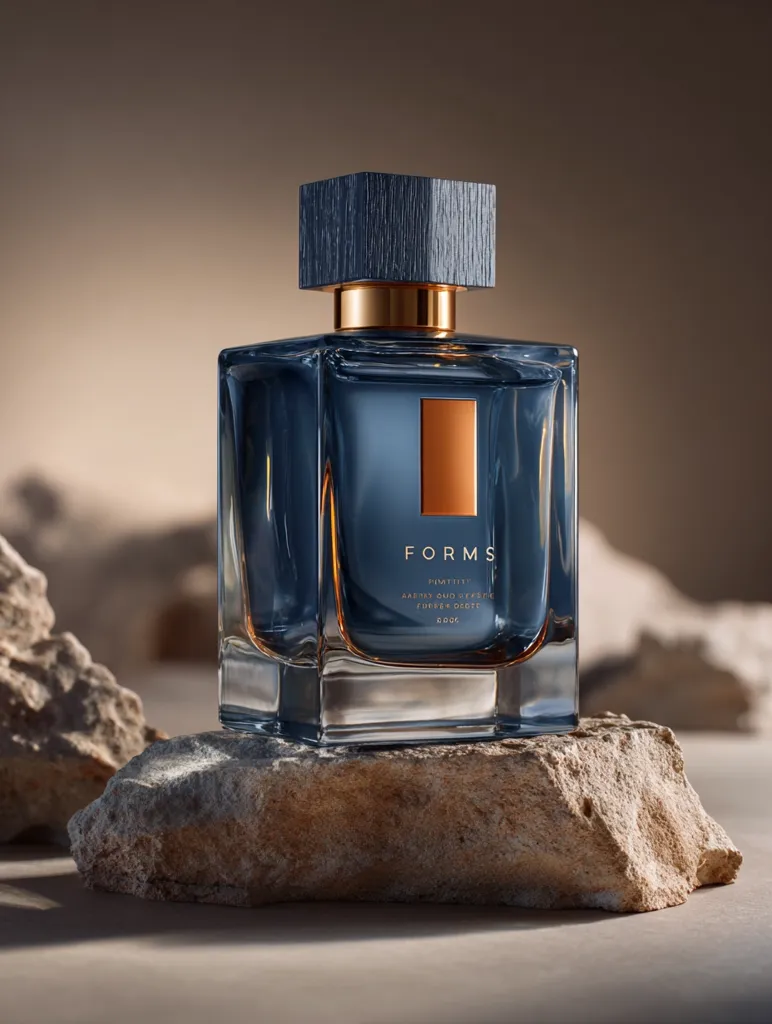 A dark blue glass perfume bottle with a dark wood cap rests on rough-hewn stones.  The bottle is rectangular with clean lines, and features a copper-colored accent. The label reads "FORMS" with smaller text underneath. The overall aesthetic is minimalist and sophisticated, suggesting a high-end fragrance. The neutral background emphasizes the bottle's design.