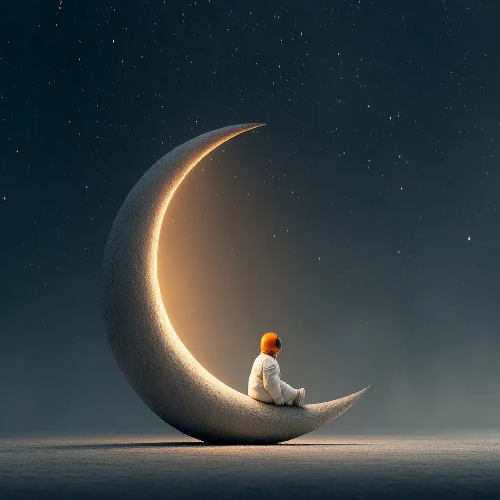 A solitary astronaut sits contemplatively on a luminous crescent moon against a backdrop of a star-studded night sky. The moon's gentle glow illuminates the astronaut's figure, creating a serene and dreamlike atmosphere. The scene evokes a sense of wonder and isolation, suggesting the vastness of space and the human spirit's enduring curiosity.  The overall aesthetic is both artistic and melancholic.