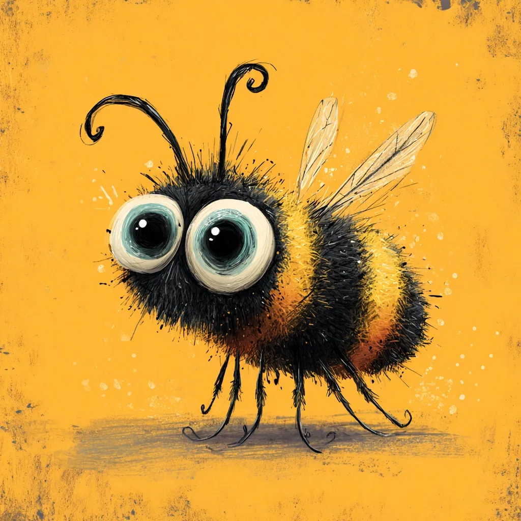 A whimsical illustration of a fuzzy bumblebee with oversized, expressive eyes.  The bee is rendered in a cartoon style, with exaggerated features and a textured, almost furry appearance.  Its black and yellow stripes are clearly visible, and its antennae curl playfully. The bee stands on a muted yellow background with a slightly distressed texture.