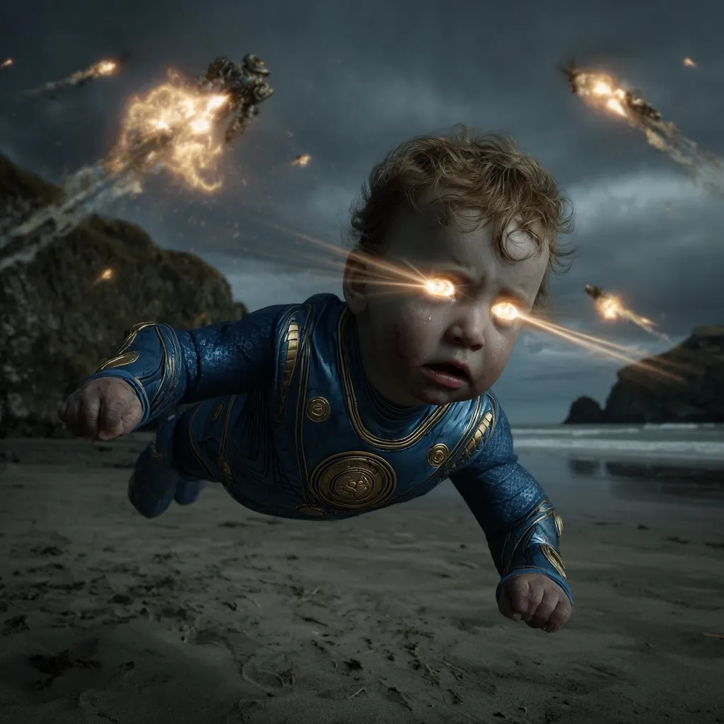 A baby, clad in a futuristic blue suit, floats above a dark beach.  Intense golden light beams from its eyes.  Explosions and flying vehicles fill the stormy sky, suggesting a battle.  The baby's expression is one of fear and determination, creating a dramatic and surreal image.
