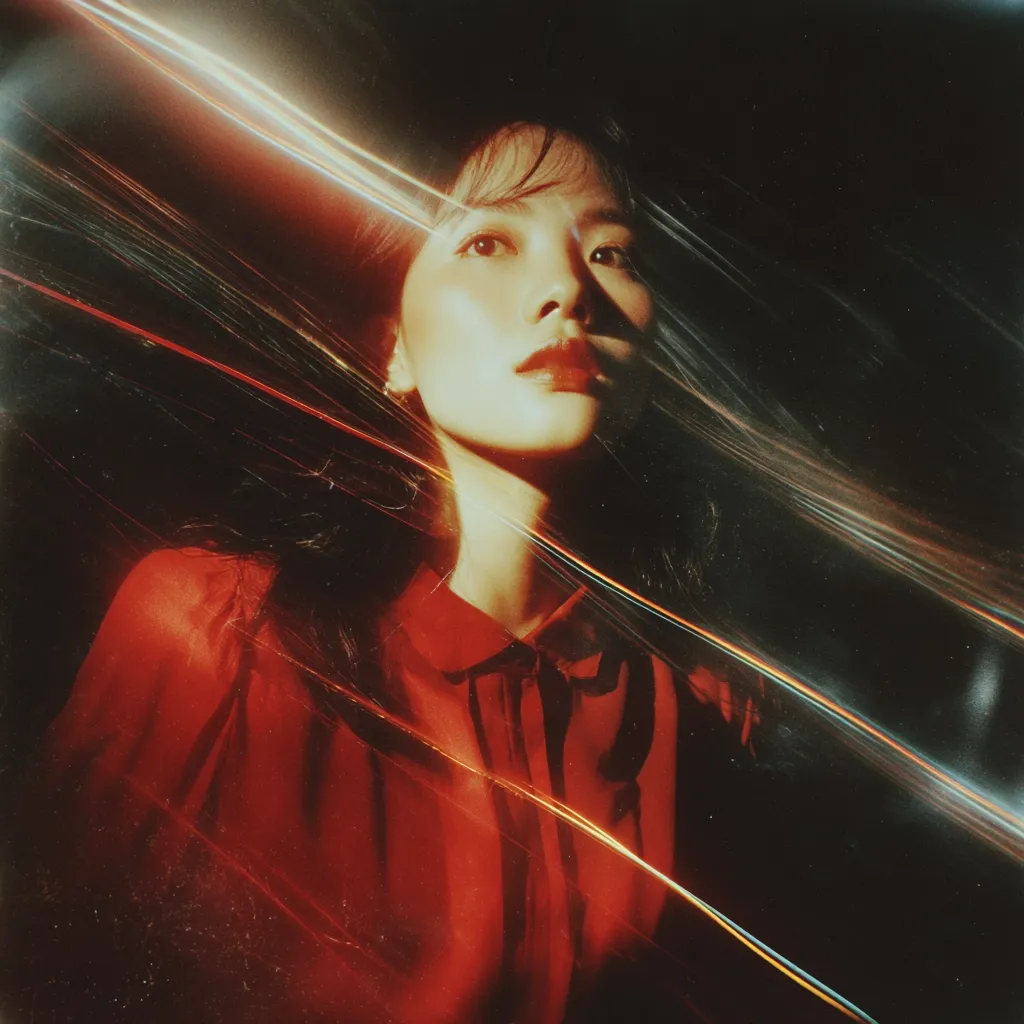 A stylized portrait of a young woman in a red collared shirt.  She gazes upward, her face softly lit against a dark background.  Streaks of light, reminiscent of film grain or light trails, crisscross the image, adding a surreal and dreamy quality. The overall mood is moody and atmospheric, with a focus on the subject's expressive eyes and lips.