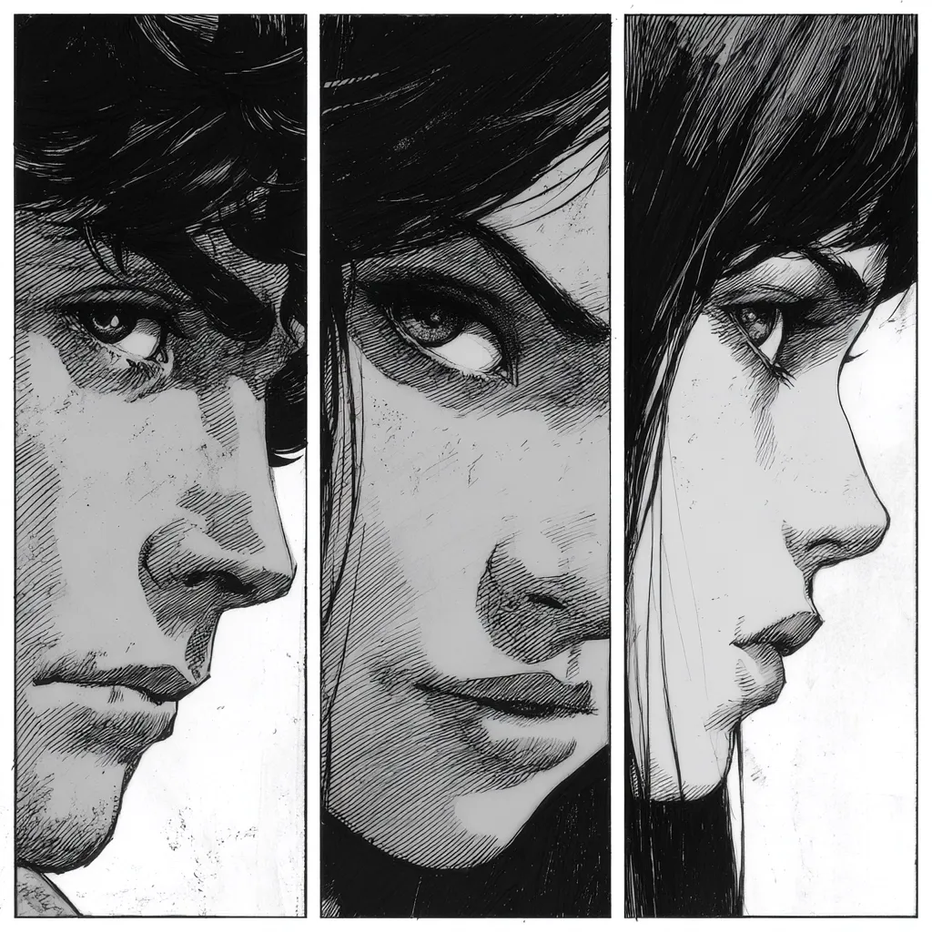 A triptych of black and white close-up portraits.  A man's profile is shown on the left, his expression serious and intense.  Two women's profiles are depicted to the right, their expressions equally stoic but with subtle differences in their gazes and mouths.  The style is reminiscent of graphic novel art, with heavy shading and detailed linework.