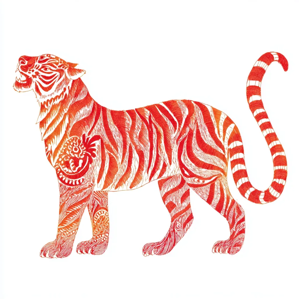 A stylized illustration of a tiger, rendered in shades of orange and red. The tiger is depicted in profile, its body intricately detailed with linear patterns resembling stripes and ornate designs. The tiger's posture is alert, its head raised, and its tail curved elegantly. The artwork presents a blend of realism and decorative elements.