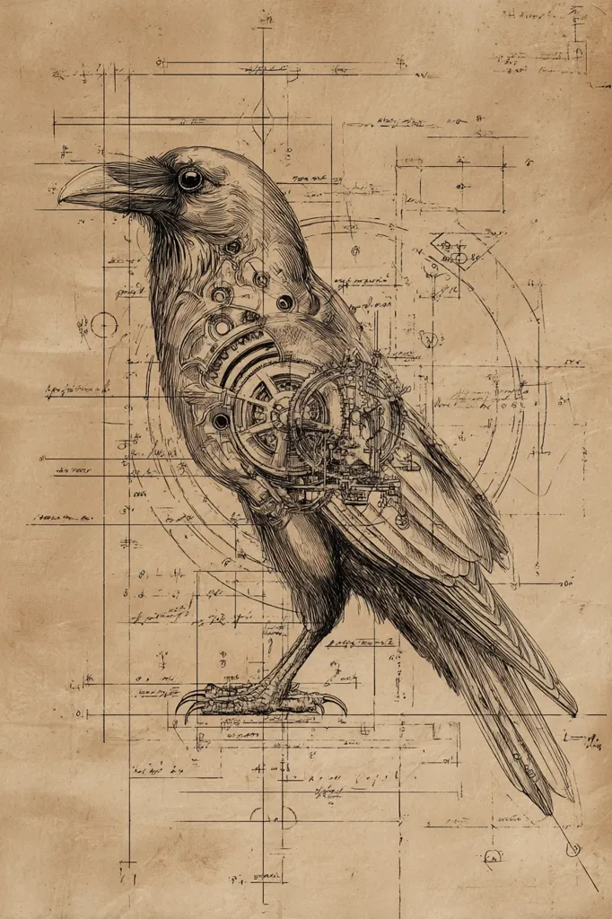 A detailed pen and ink drawing depicts a mechanical raven superimposed on sepia-toned engineering blueprints.  Intricate clockwork mechanisms are seamlessly integrated within the bird's body, suggesting a steampunk aesthetic. The raven's pose is lifelike, its claws gripping a surface amidst a grid of technical notations and measurements. The overall effect blends biological realism with the precision of mechanical design.