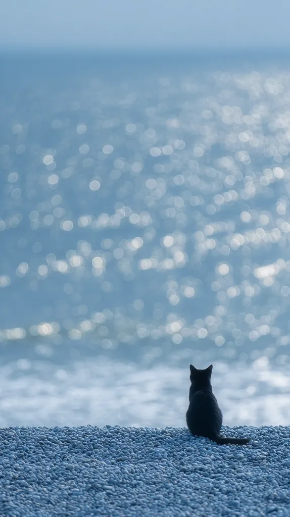A black cat sits on a pebble beach, gazing out at a shimmering blue ocean. The water is softly blurred, creating a bokeh effect of light reflecting on its surface. The scene is serene and peaceful, conveying a sense of calm and contemplation. The cat's silhouette is stark against the bright background.