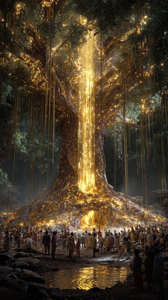 A massive, ancient tree, glowing with golden light, stands at the center of a dark forest.  A luminous waterfall of light cascades down its trunk, illuminating a gathering of people at its base.  The scene is mystical and ethereal, suggesting a sacred place or a powerful, natural energy source.  The roots of the tree spread wide, adding to its majestic presence. The overall ambiance is one of wonder and awe.