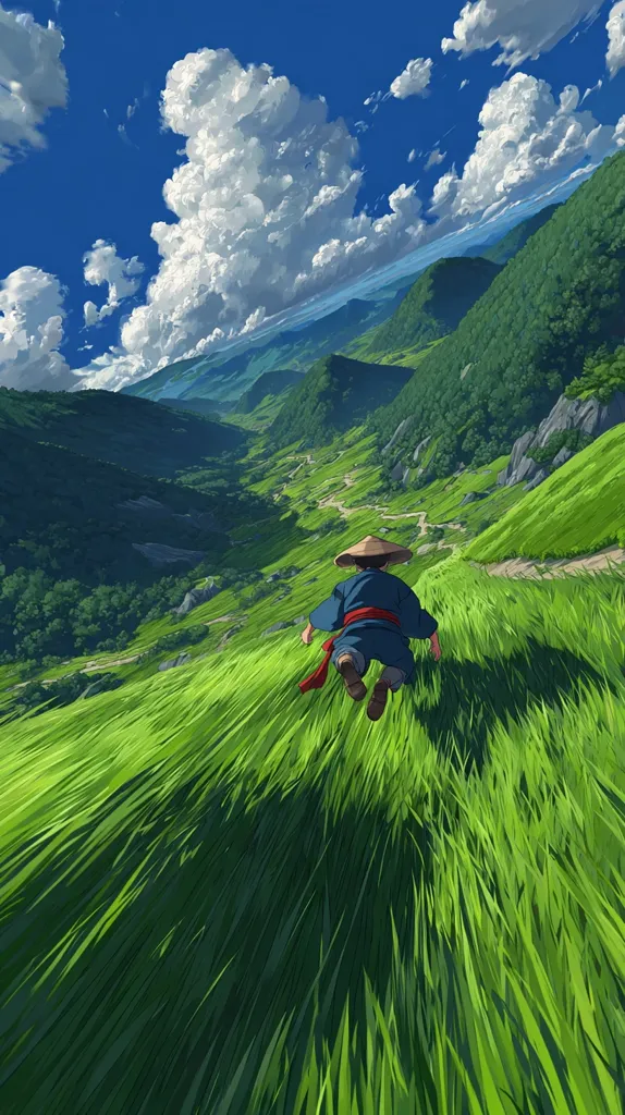 A person in a blue robe and conical hat dives headfirst down a verdant hillside.  The rolling hills stretch into the distance under a vibrant blue sky dotted with fluffy white clouds.  The scene evokes a sense of freedom and adventure, with the vast landscape emphasizing the smallness of the figure in motion.  The long grass appears to flow around the person as they descend.