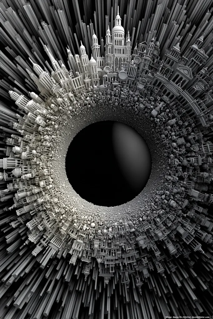 A mesmerizing grayscale digital artwork depicts a vortex of miniature architectural structures, spiraling into a central black void.  Countless buildings, reminiscent of European architecture, form a dense, swirling mass.  The image is highly detailed, creating a sense of depth and a compelling visual effect.  The sharp contrast between the light gray buildings and the dark background enhances the three-dimensional illusion.