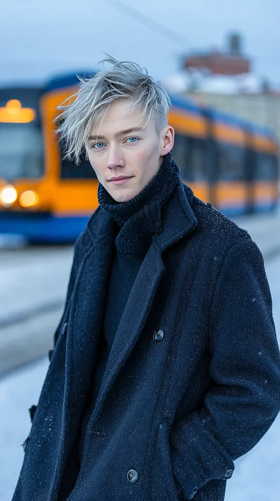A young man with light grey, textured hair stands outdoors wearing a dark navy peacoat over a black turtleneck.  He has striking blue eyes.  A blurred yellow and blue tram is visible in the background, suggesting a city setting.  Snow lightly dusts his coat.  His expression is serious and somewhat pensive.