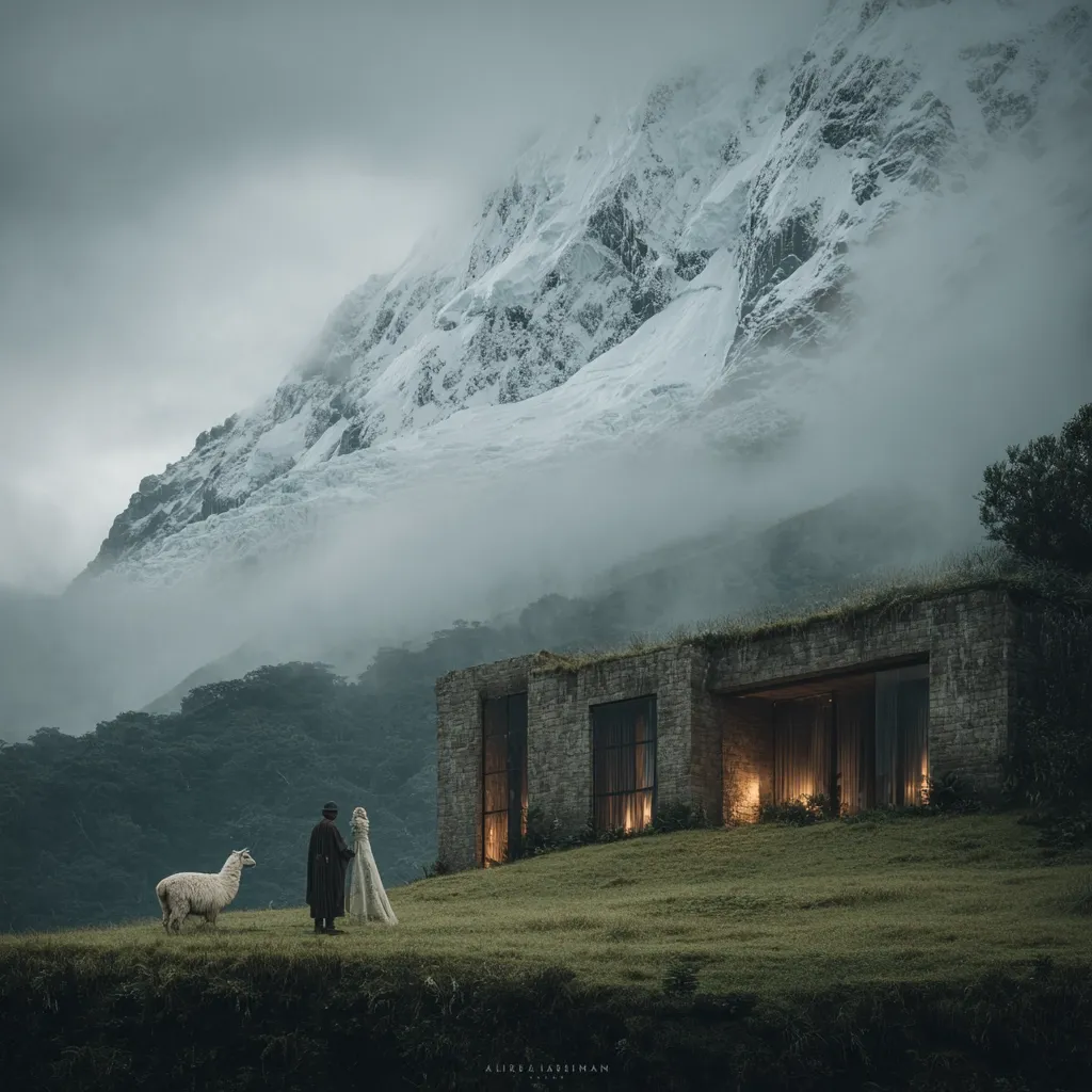 A misty mountain landscape features a couple standing before a modern, stone house.  A llama grazes nearby. The imposing snow-capped mountain looms in the background, shrouded in fog, creating a serene yet somewhat mysterious atmosphere. The scene is rendered in a muted color palette, enhancing the tranquil mood. The overall impression is one of secluded beauty and quiet contemplation.