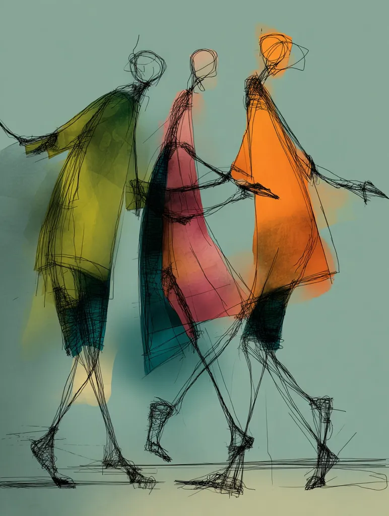 An abstract artwork depicts three figures walking in a stylized manner.  The figures are rendered with loose, expressive lines and washes of color.  They are clad in flowing garments of varying hues—olive green, deep rose, and burnt orange—suggesting movement and a sense of unity.  The background is a muted teal, which contrasts with the vibrant clothing. The overall impression is one of grace and fluidity.
