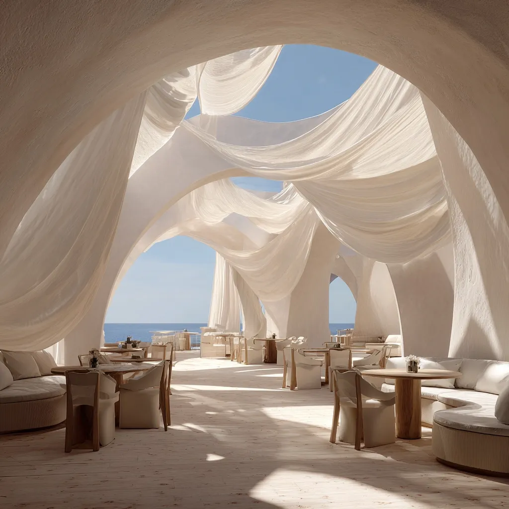 A luxurious outdoor restaurant boasts an ethereal ambiance.  White, flowing fabrics drape from the unique, curving white architecture, creating a shaded, intimate space.  The light wood furniture and plush seating complement the minimalist design.  Ocean views are visible through the architectural openings, enhancing the serene and stylish atmosphere.