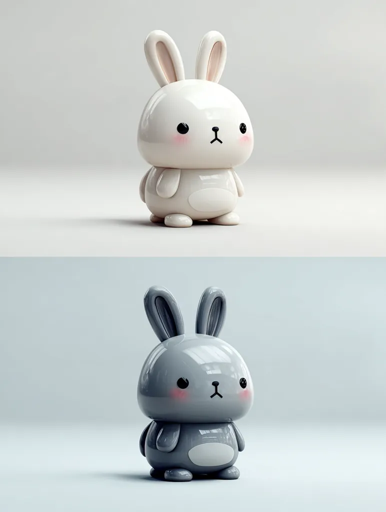 The image shows two adorable, stylized 3D renderings of bunnies.  The top bunny is white, while the bottom bunny is gray. Both bunnies have large, expressive eyes, small noses, and rosy cheeks, giving them a cute and innocent appearance.  They are depicted in a simple, minimalist setting against light-colored backgrounds.  The bunnies' glossy surfaces give them a smooth, almost plastic-like texture.