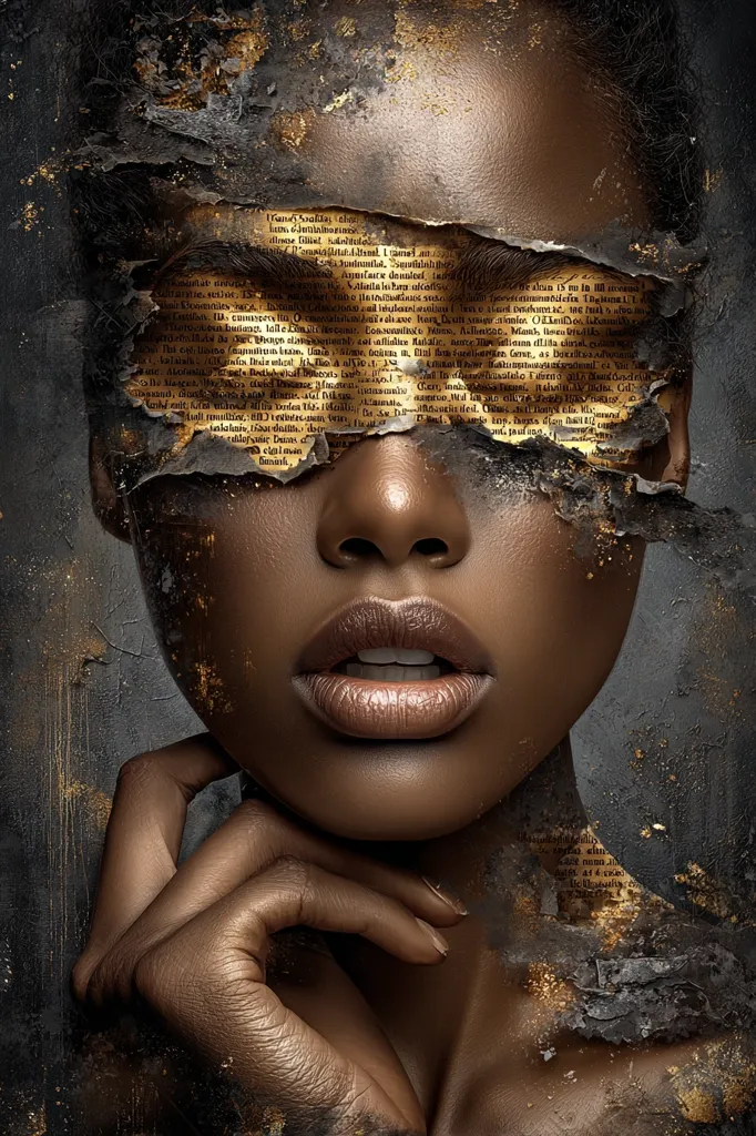 A close-up portrait of a dark-skinned woman.  Her eyes are covered by tattered, gold-edged pages of an antique book, seemingly burned or aged.  The text is illegible, adding to the mysterious and artistic effect.  Gold accents appear on her skin and the background, creating a rich, textured visual. Her expression is serene, emphasizing the contrast between the aged text and her youthful features.