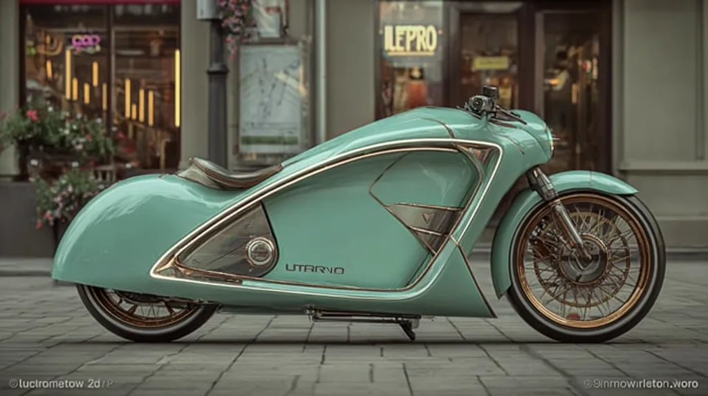 A sleek, light teal custom motorcycle, the "Utrrno," is parked on a city street.  Its design blends retro aesthetics with modern lines, featuring copper-toned accents on the wheels and body. The motorcycle has a low-slung profile and a single seat, exuding a sophisticated and minimalist style.  The backdrop is a blurred cityscape with shop fronts visible.
