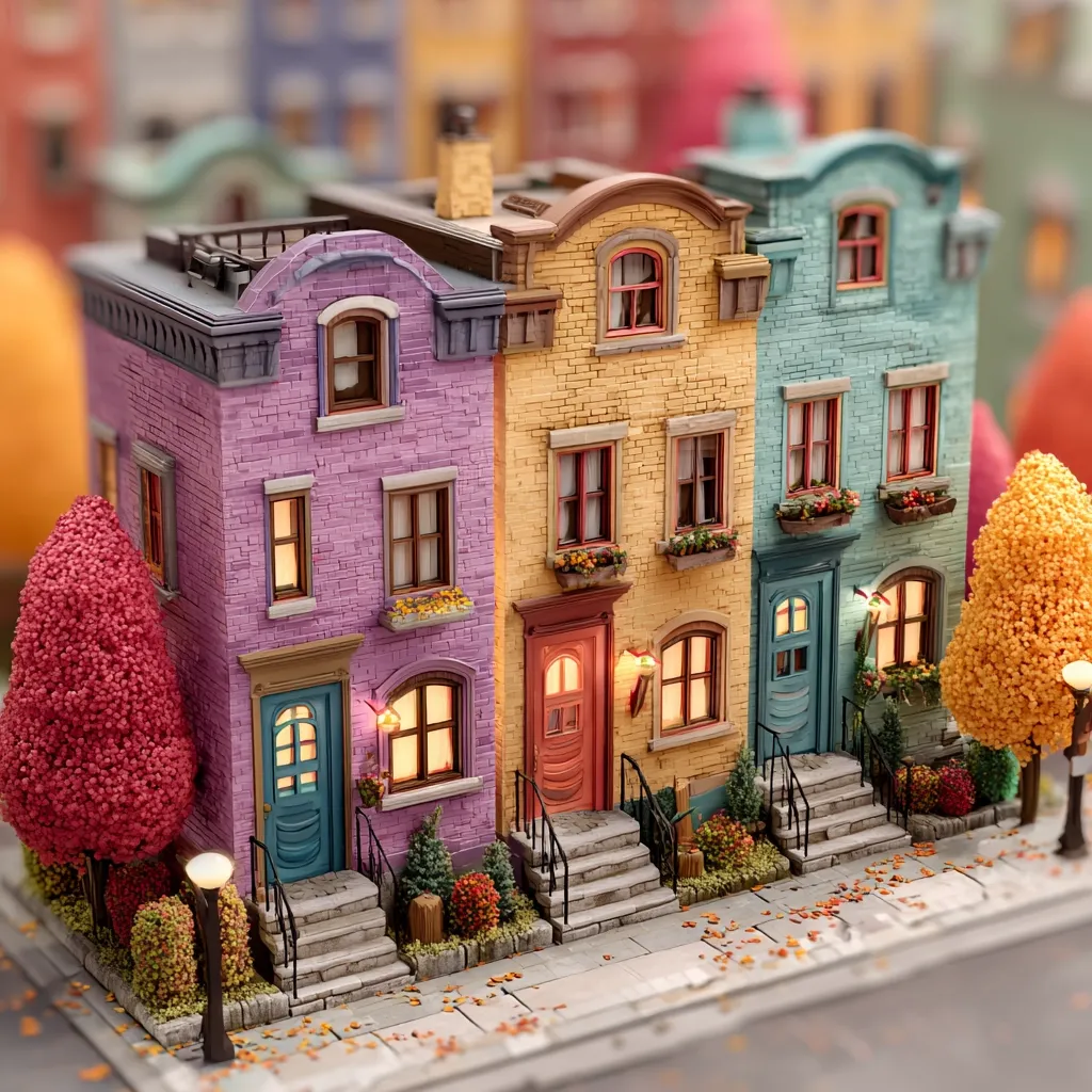 A charming miniature row of three houses, painted in pastel purple, yellow, and teal, stands on a meticulously crafted street scene.  Each house boasts detailed brickwork, window boxes with flowers, and illuminated windows creating a warm glow. Small, autumnal trees and lampposts add to the idyllic fall setting.  The overall effect is a delightful, intricately detailed miniature world.