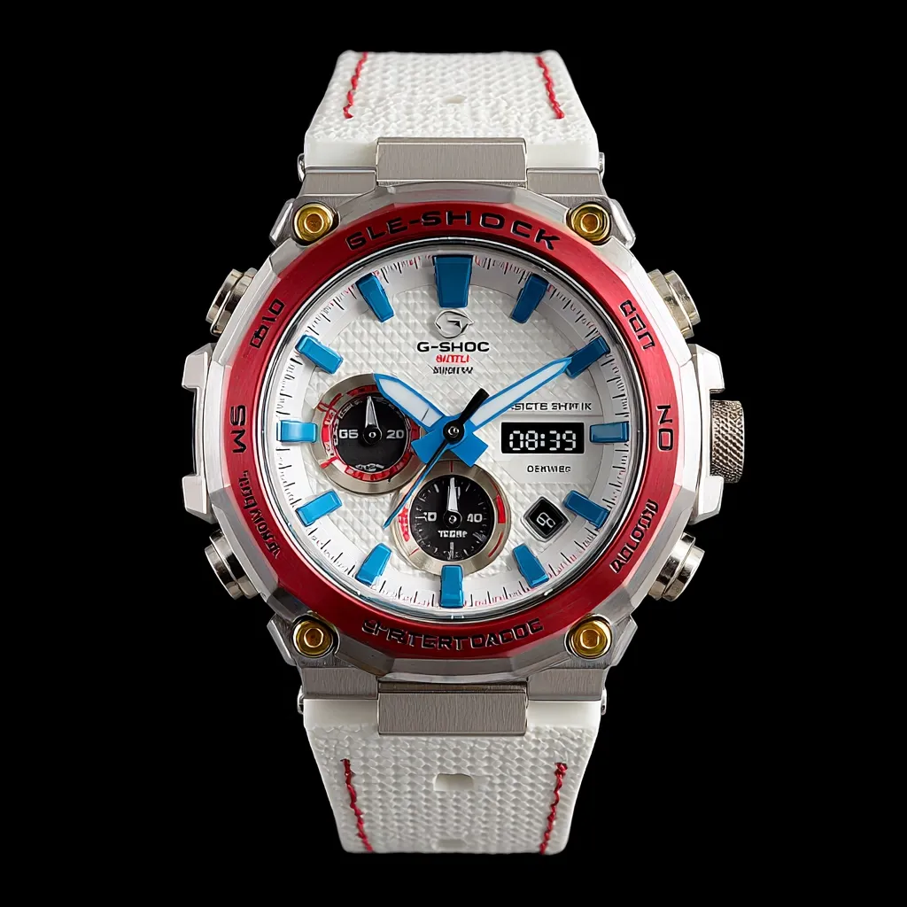 A G-Shock G-Steel watch is shown in a close-up studio shot.  The watch features a white textured band with red stitching, a silver and red bezel, and a white face with blue accents.  The time displayed is 08:39.  Multiple subdials show additional functions. The background is black.