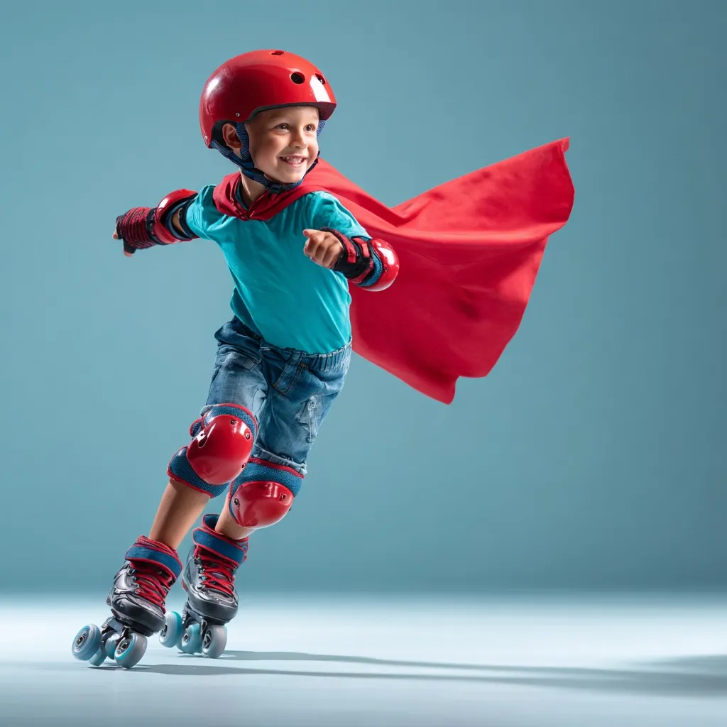 A young boy, dressed as a superhero, roller skates across a light blue studio background. He wears a red helmet, cape, and protective gear.  His joyful expression and dynamic pose capture the thrill of play and imagination.  The red accents against the muted background make the child the clear focal point of the image.