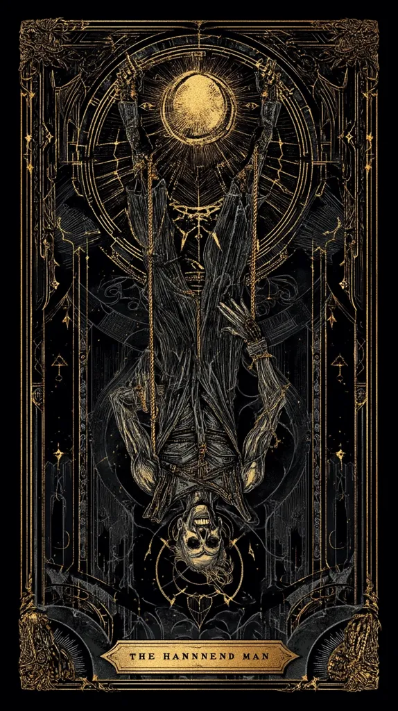 A dark, ornate frame encloses a macabre image: a skeletal figure hangs upside down, its anatomy meticulously detailed.  Gold accents highlight the intricate design, which includes a celestial sun or moon above the figure.  The overall aesthetic blends gothic horror with Art Nouveau influences, creating a visually striking and unsettling piece titled "The Hannenend Man."