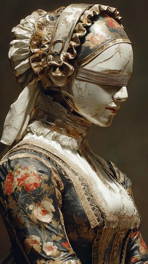 A digital artwork depicts a sculpted figure, seemingly female, adorned in a richly detailed, antique-style gown.  The dress features dark fabric with gold embroidery and floral patterns.  The figure wears a gilded headpiece with a ruffled cap, and its face is partially obscured by a gold band over the eyes. The overall aesthetic blends elements of baroque fashion with a sense of aged, possibly damaged, material.  The color palette is predominantly gold, off-white, and dark tones.