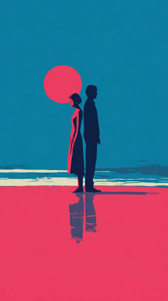 A minimalist illustration depicts a man and woman standing on a pink beach, silhouetted against a teal sky and large, red sun. They stand back-to-back, suggesting distance or conflict. The stylized figures and bold colors create a poignant mood, hinting at a strained relationship or emotional separation.  Their reflections are partially visible in the wet sand, mirroring their separation.