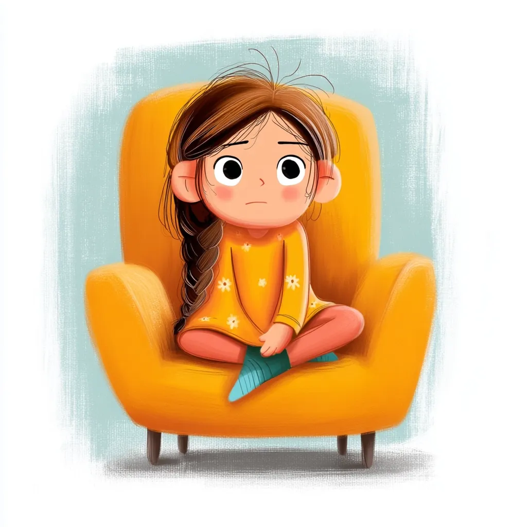 A digital illustration depicts a young girl with brown hair in a braid, sitting in a mustard-yellow armchair. She wears a yellow dress with small white flowers and teal socks. Her expression is one of slight sadness or contemplation.  The style is soft and whimsical, with a muted background. The overall mood is gentle and introspective.