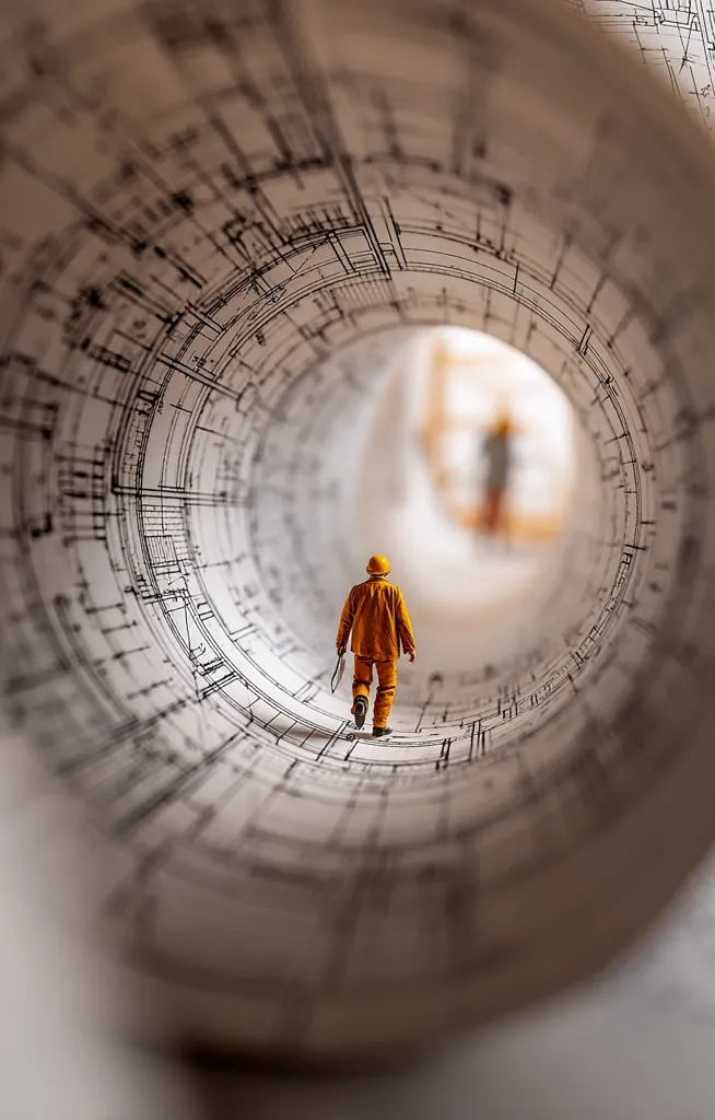 A miniature construction worker walks down the center of a rolled-up architectural blueprint.  The blueprint forms a tunnel-like structure, its intricate lines spiraling around the figure.  The scene creates a surreal and symbolic representation of the construction process, with the worker seemingly journeying into the heart of the design.  A second, blurred figure is visible at the tunnel's far end.