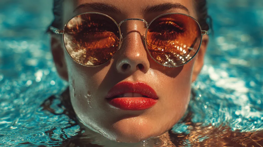 A close-up shot of a woman's face partially submerged in a swimming pool.  She wears round, amber-tinted sunglasses, reflecting the water's surface.  Her lips are painted a vibrant red, and her skin glistens with moisture. The turquoise water is blurry but visible around her face.  The image evokes a feeling of summer and relaxation.