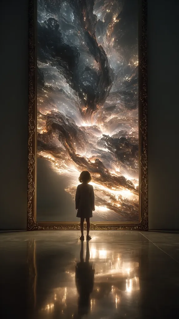 A young girl stands silhouetted before a large, ornate frame.  Within the frame is a breathtaking depiction of a nebula, swirling with cosmic dust and fiery light.  The contrast between the child's small figure and the vastness of the celestial scene creates a powerful sense of wonder and scale. The polished floor reflects the image, mirroring the scene and emphasizing the dramatic lighting.