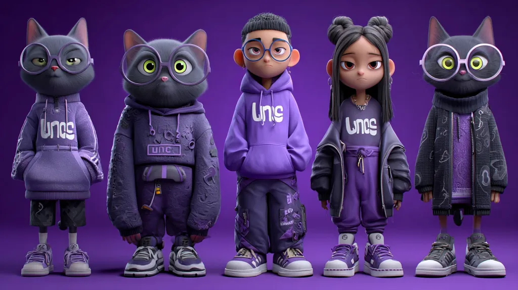 Four stylized characters, two cats and two humans, are shown wearing purple UNCS branded clothing.  The cats wear glasses and hoodies, while the human characters sport similar hoodies and pants.  The image has a 3D rendered, cartoonish aesthetic, set against a vibrant purple background.  The characters appear fashionable and youthful.