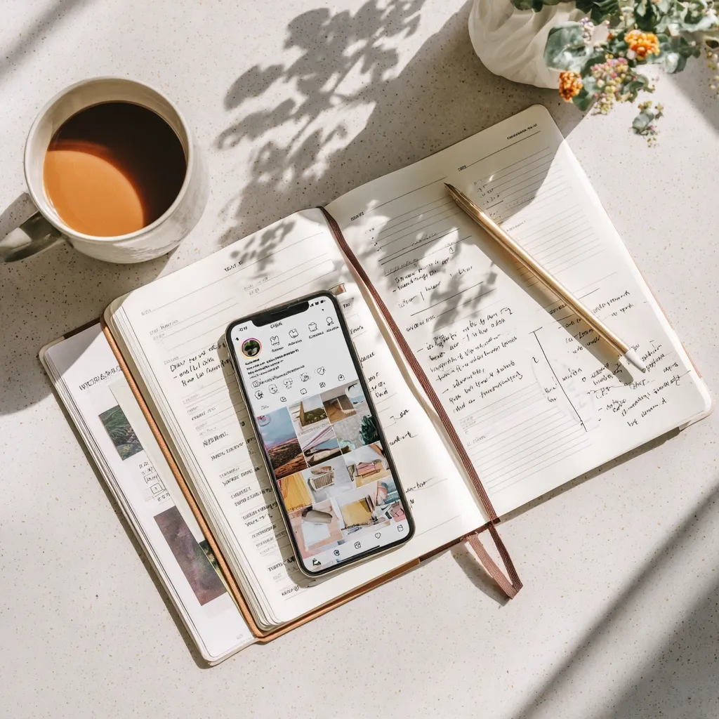 A flatlay showcasing a minimalist workspace.  A smartphone displaying Instagram sits atop an open notebook filled with handwritten notes and to-do lists. A cup of coffee and a gold pen are nearby, adding to the calm and organized aesthetic.  Sunlight streams in, casting shadows across the scene. The overall vibe is one of peaceful productivity.