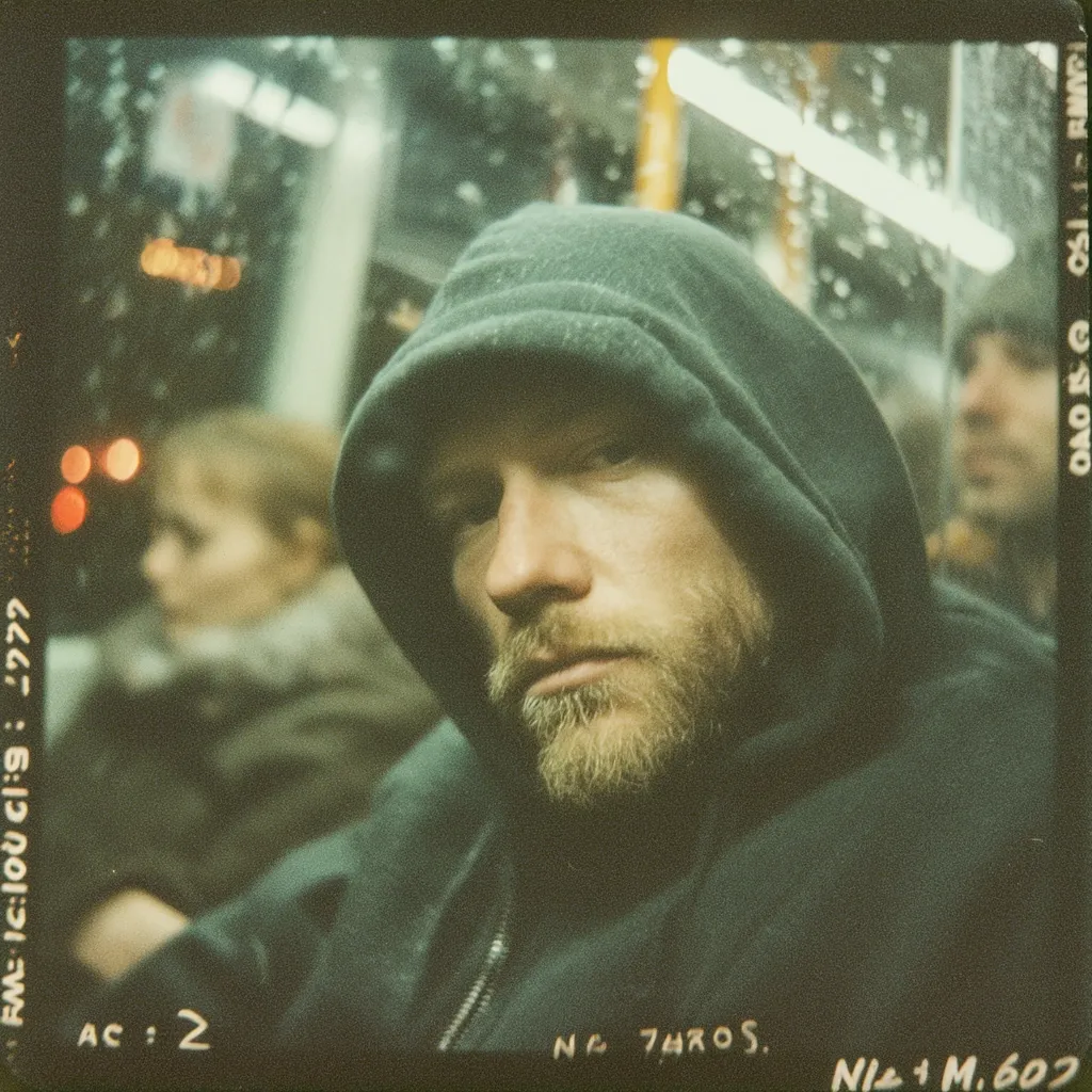 A close-up shot of a man in a dark hoodie on a public transport vehicle.  His face is partially obscured by the hood's shadow, revealing a beard and serious expression.  Blurred figures of other passengers are visible in the background, along with the out-of-focus interior of the bus. The image has a grainy, slightly washed-out quality, suggesting it was taken with film.  Film border markings are present on the image.