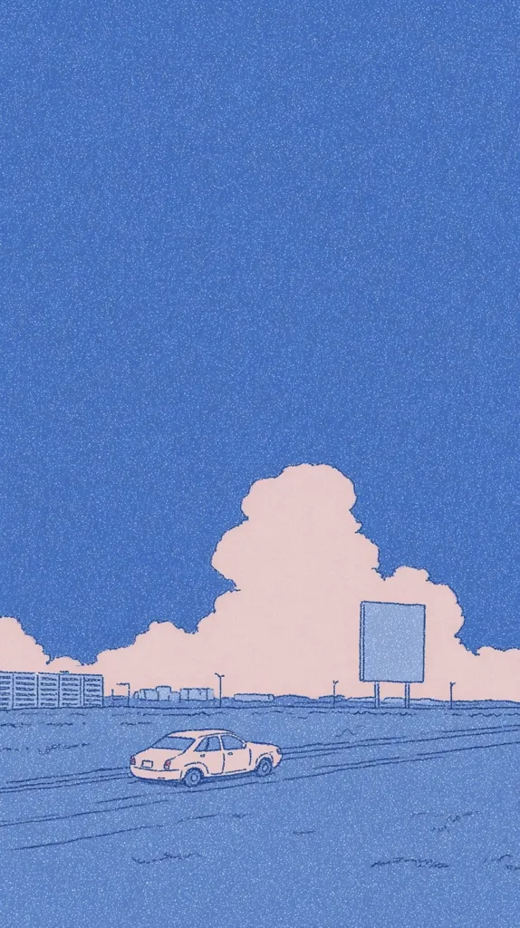 A minimalist illustration depicts a pale car driving on a flat road under a pale pink cloud against a textured blue sky.  A blank billboard stands to the right.  In the distance, low buildings are visible on the horizon. The style is simple line art with a slightly grainy texture, evoking a calm and peaceful atmosphere.