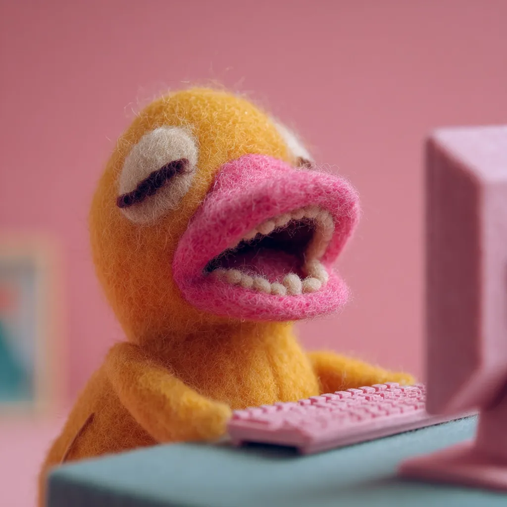 A yellow felt duck sits at a pink computer, its mouth wide open in a surprised or amused expression.  The duck's eyes are half-closed, and its pink beak is exaggeratedly large, revealing a set of small felt teeth. The scene is set against a pale pink background, creating a soft, whimsical atmosphere. The overall style is playful and slightly quirky.