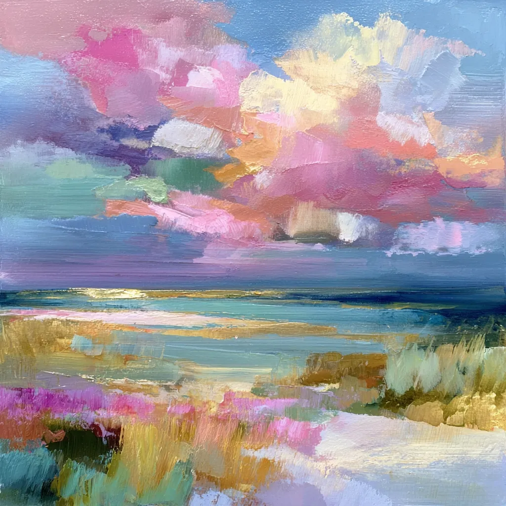 A vibrant oil painting captures a dreamy seascape.  Pastel pink, purple, and gold hues dominate the sky, depicted with thick, textured brushstrokes.  The calm sea reflects the sky's colors, leading to a foreground of soft, textured grasses in similar shades.  The overall effect is one of serene beauty and ethereal tranquility.