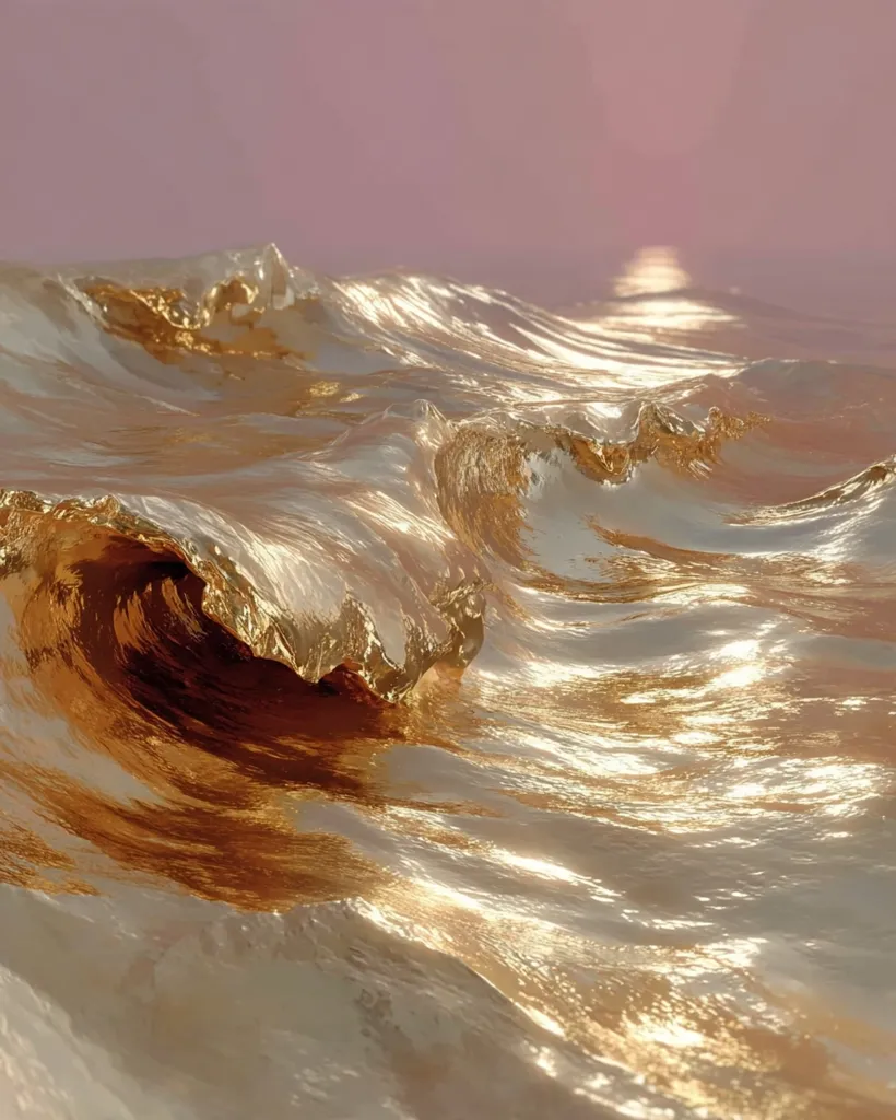 A breathtaking digital rendering depicts a sea of molten gold.  Waves crest and curl, their surfaces gleaming under a soft, pinkish sky.  The light catches the metallic sheen, creating a dazzling display of reflective brilliance. The overall impression is one of opulence and surreal beauty.