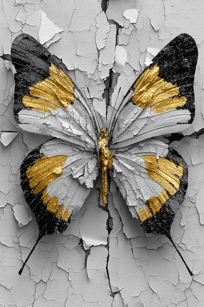 A striking image depicts a large butterfly with black and gold accents on its wings.  The butterfly is centrally positioned against a backdrop of cracked, grey paint, creating a textured and visually compelling contrast. The gold detailing on the wings adds a touch of elegance, while the cracked paint suggests age and decay. The overall effect is one of artistic beauty and subtle juxtaposition.