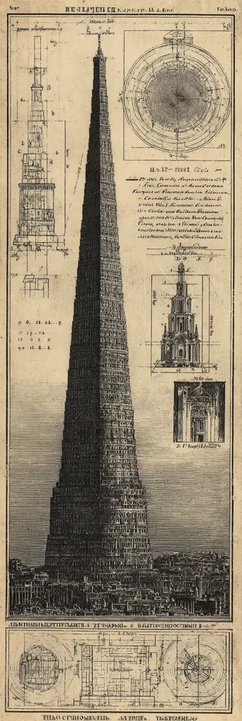 This antique architectural drawing depicts a colossal tower, possibly a conceptual design.  Detailed blueprints and cross-sections accompany a rendering of the tower, showcasing its intricate layered structure and surrounding cityscape.  The text appears to be in a Cyrillic script, likely Russian, offering further specifications or descriptions. The style suggests an 18th or 19th-century origin.