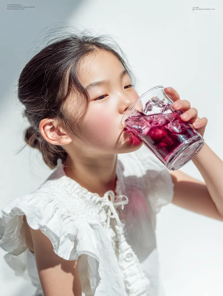 A young girl is shown in a close-up shot as she drinks a vibrant, dark red beverage filled with ice. Her hair is neatly pulled back, accentuating her smooth skin and rosy cheeks. She wears a white, ruffled blouse with delicate ties at the neckline. The scene is bathed in bright, natural light, casting soft shadows on the white backdrop, highlighting the clear glass and the refreshing drink. The girl’s focus is completely on enjoying her drink.